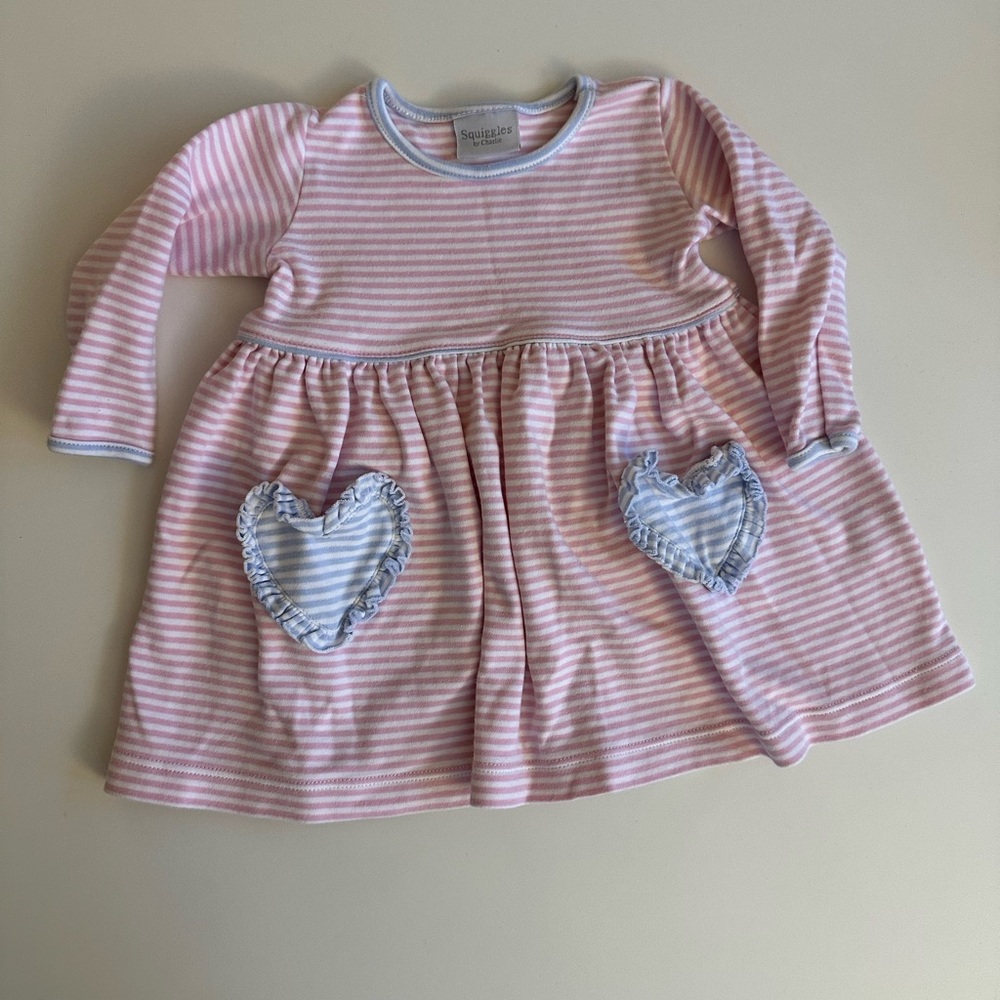 Squiggles by Charlie Pink Striped Baby Dress with Heart Pockets | 12M